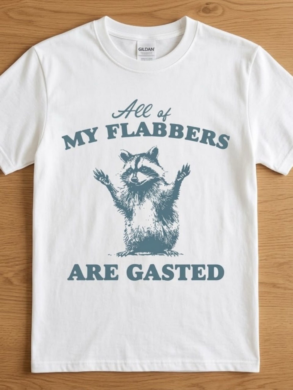Gildan White Tee with Blue-Gray Raccoon Graphic